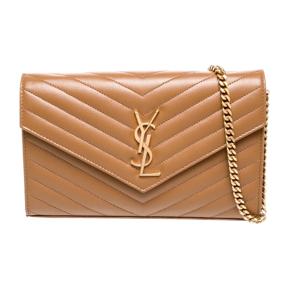 YSL Saint Laurent Leather Cassandre Envelope Chain Wallet Medium Brown